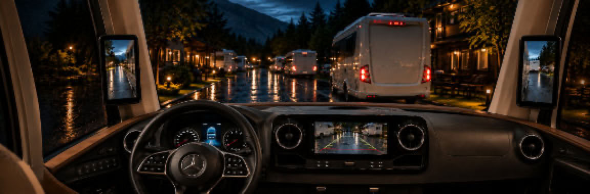 Kamerabasierte digitale Außenspiegel mit innenliegenden Displays für ein größeres Sichtfeld rund um Wohnmobile und Reisemobile.