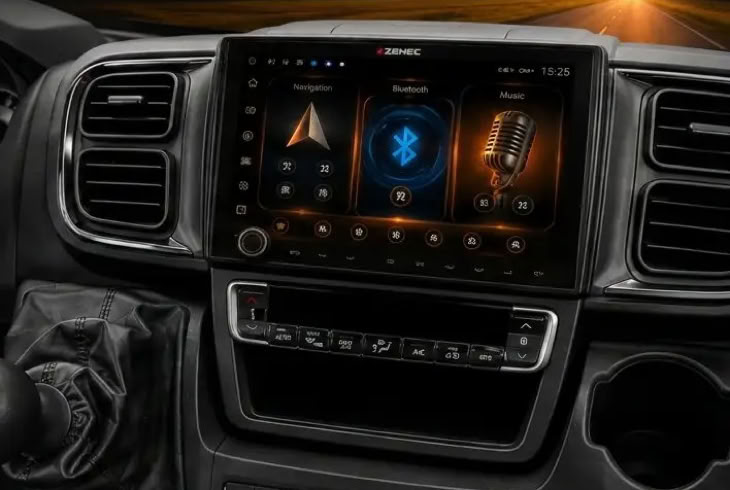 Modernes ZENEC-Multimediasystem mit Navigation, Bluetooth und Musikfunktionen im Wohnmobil-Cockpit.