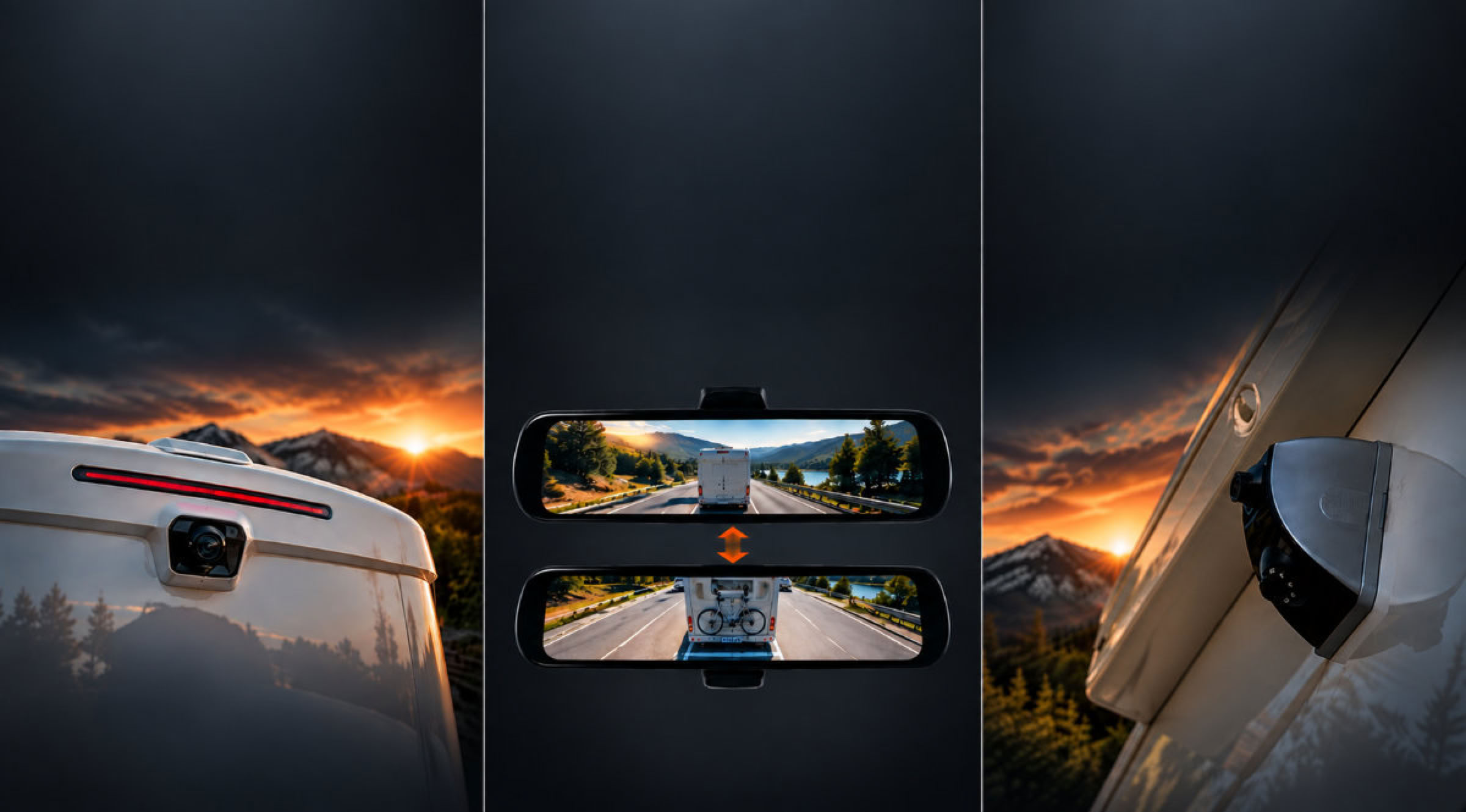 Digitale Rückspiegelsysteme mit vorhandener oder zusätzlicher Kamera, verschiedenen Blickwinkeln und hochauflösender Darstellung für Campervans und teilintegrierte Wohnmobile.