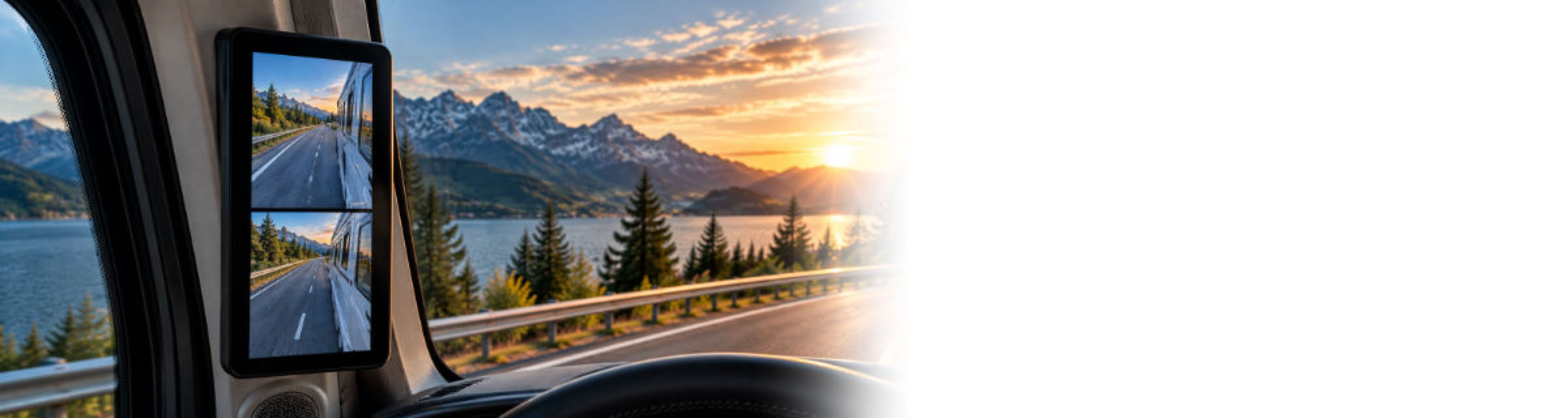 Hochformatiger Monitor an der A-Säule mit zwei Kamerabildern für unterschiedliche rückwärtige Sichtbereiche entlang des Wohnmobils.