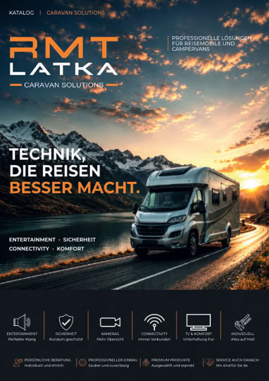 RMT LATKA Caravan Solutions Broschüre mit Lösungen für Multimedia, Sicherheit, Kameratechnik, Internet, TV und Komfort im Wohnmobil.
