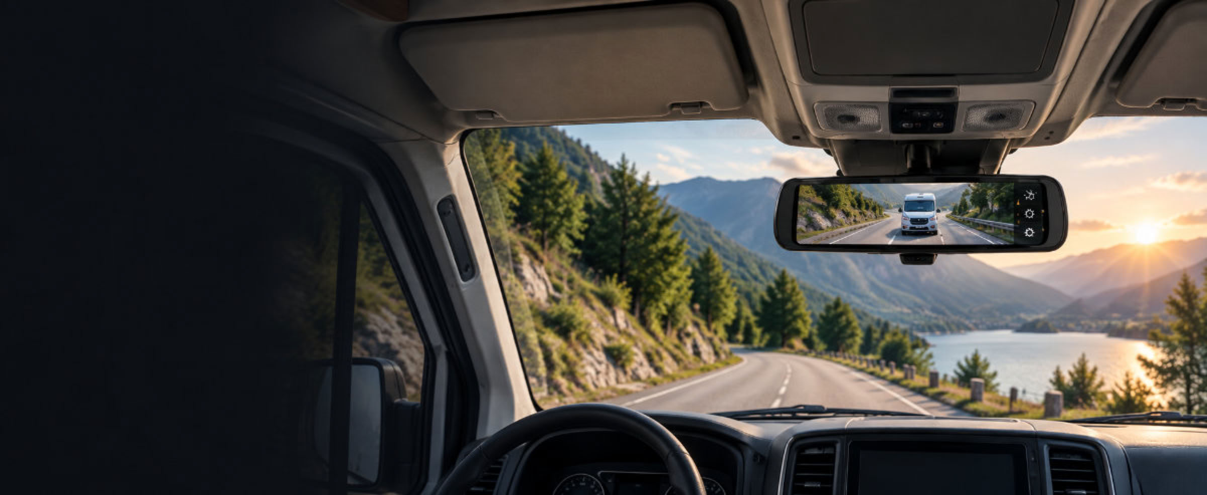 Digitaler Rückspiegel mit Kamerabild für freie Sicht nach hinten in Campervans und teilintegrierten Wohnmobilen.