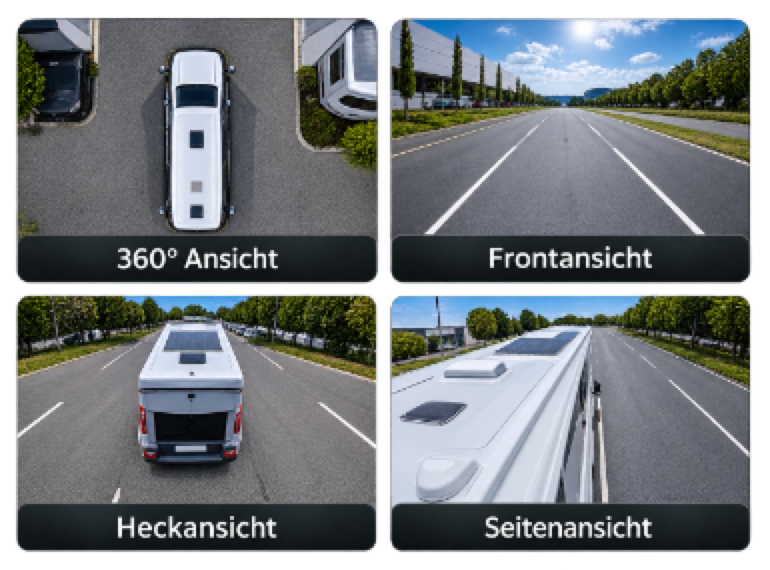 Verschiedene Kameraansichten wie 360° Ansicht, Frontansicht, Heckansicht und Seitenansicht für optimale Übersicht rund um das Wohnmobil.