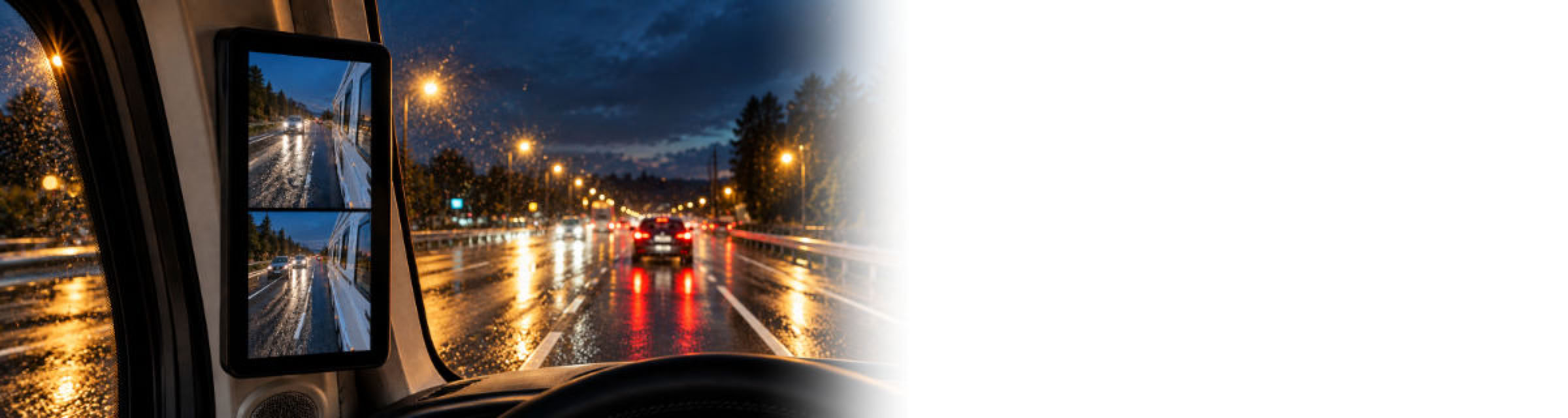 Digitales Außenspiegelsystem mit Kameramonitor bei Nacht und Regen für eine klare Sicht auf den rückwärtigen Verkehrsbereich.